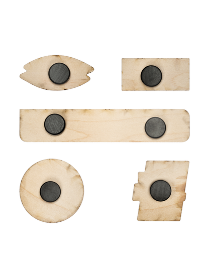 Six light-wood shapes (eye, small rectangle, long bar with two magnets, circle, stepped rectangle), each with a round black magnet.