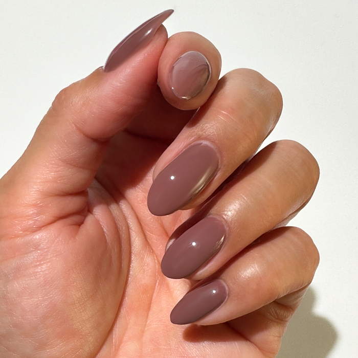 Shacket - Gel polished nails in warm rose neutral shade for a smooth, long-lasting manicure by Olive and June