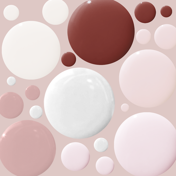 Sheer & Neutral Gel System showing six neutral and sheer gel polish shades in glossy droplets on a soft background