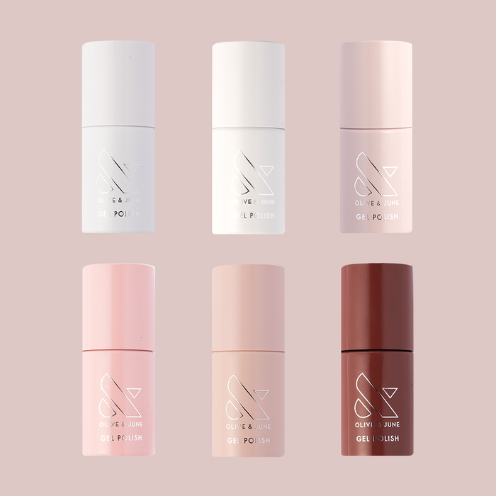 Sheer & Neutral Gel System with six soft gel polish shades in minimalistic bottles for easy at home mani use