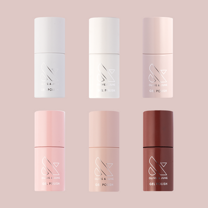 Sheer & Neutral Gel System with six soft gel polish shades in minimalistic bottles for easy at home mani use