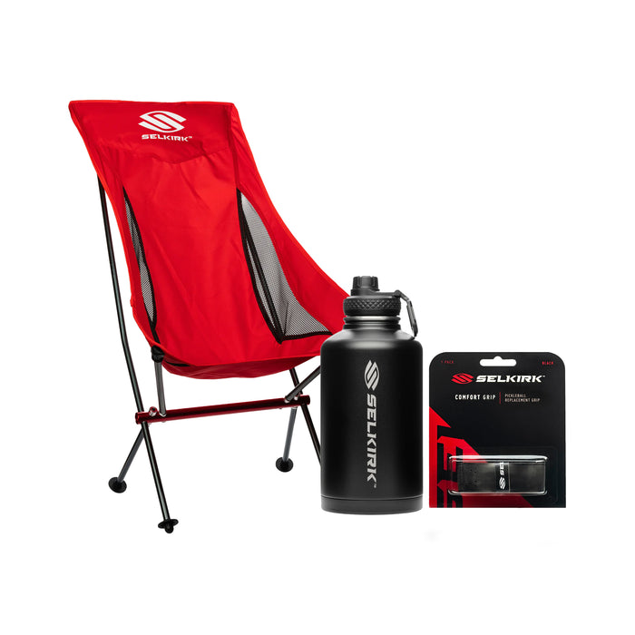 Red Selkirk chair, black Selkirk water bottle, and SELKIRK packaging showing COMFORT GRIP PICKLEBALL REPLACEMENT 1 PACK BLACK