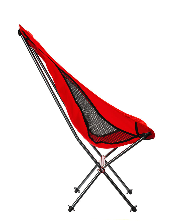 Red foldable camping chair with black mesh seat panel and crossed tubular metal legs