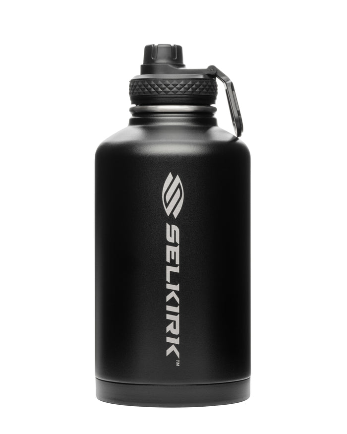 Black SELKIRK insulated wide-mouth water bottle with screw cap and attached carabiner