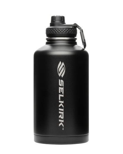 Black SELKIRK insulated wide-mouth water bottle with screw cap and attached carabiner