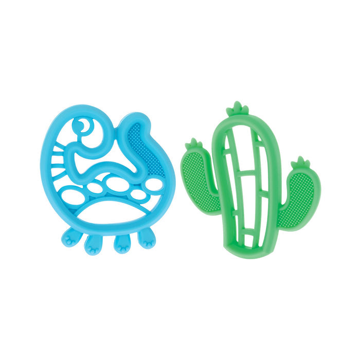 Nuby Silicone Mini Teethers (2 Pack) includes a blue dinosaur and green cactus, both with textured surfaces to soothe infants’ teething discomfort.