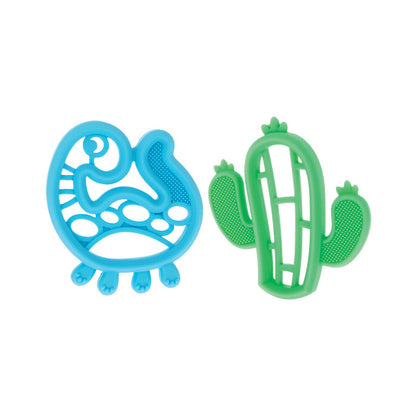 Nuby Silicone Mini Teethers (2 Pack) includes a blue dinosaur and green cactus, both with textured surfaces to soothe infants’ teething discomfort.