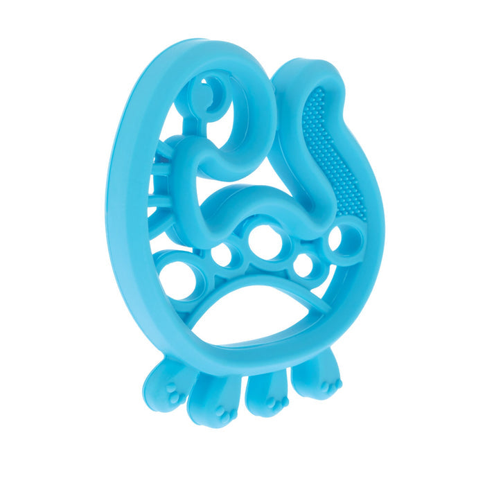The Nuby Silicone Mini Teethers (2 Pack) in Dino & Cactus designs are safe silicone toys with textured surfaces, circular cutouts, and soothing protrusions to help relieve teething discomfort.