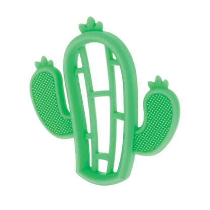 The Nuby Silicone Mini Teethers (2 Pack) in Dino & Cactus feature a green, cactus-shaped design with textured, dotted arms for teething relief and an open center with a grid-like structure.