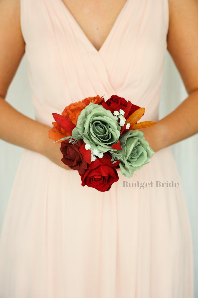 Silk Wedding Bouquet Burnt Orange and Sage - $39.50 | Bonita Collection