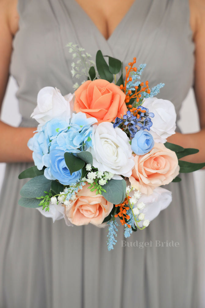 Silk Wedding Bouquet in Apricot and Blue - $39.50 | Louis
