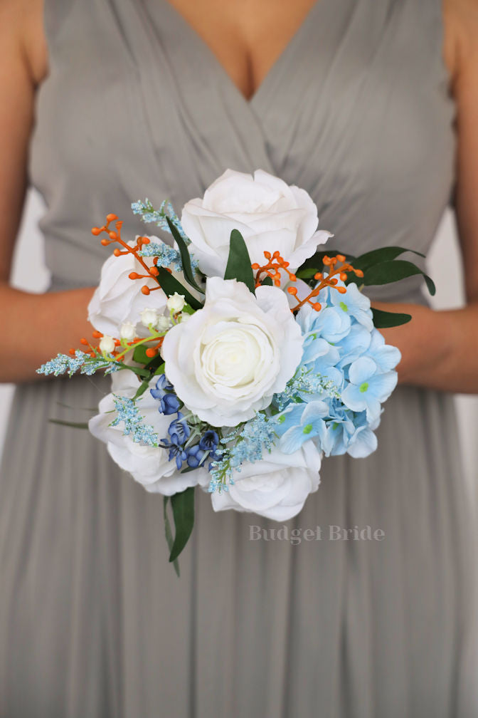 Silk Wedding Bouquet in Apricot and Blue - $39.50 | Louis