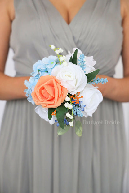 Silk Wedding Bouquet in Apricot and Blue - $39.50 | Louis