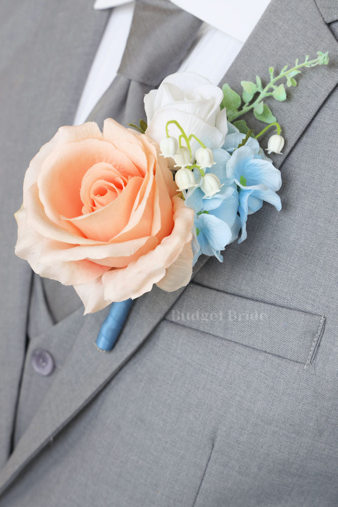 Silk Wedding Bouquet in Apricot and Blue - $39.50 | Louis
