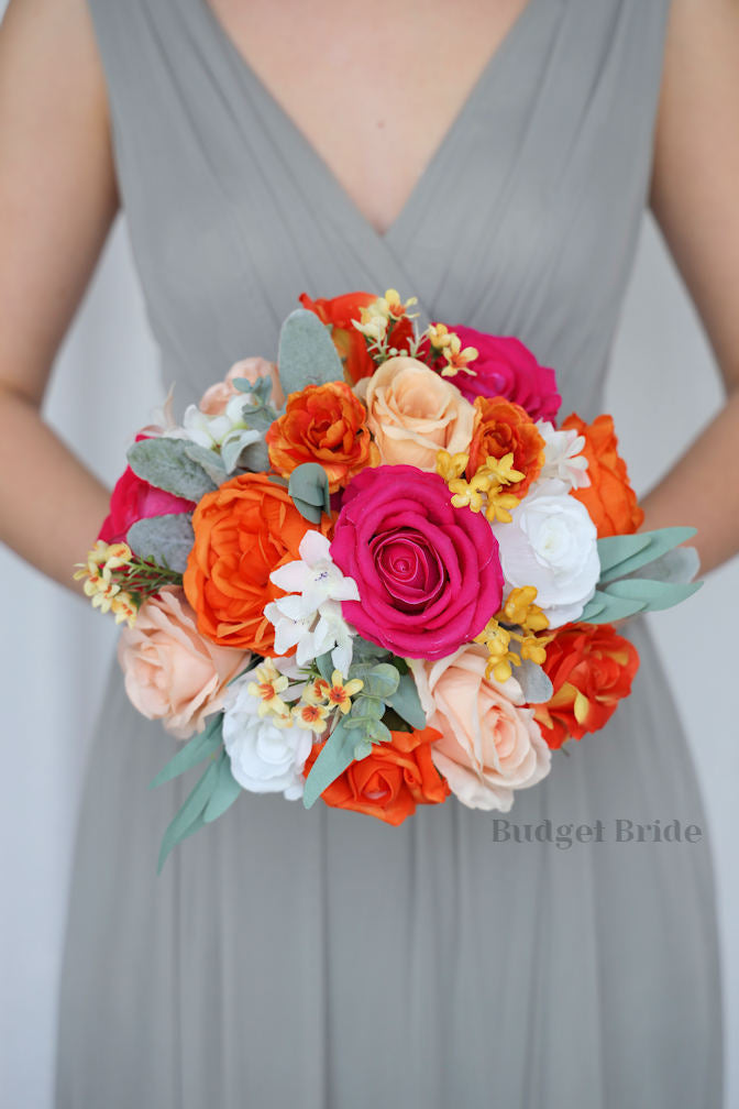 Silk Wedding Bouquet in Hot Pink and Orange  - $195.00 | Fruity