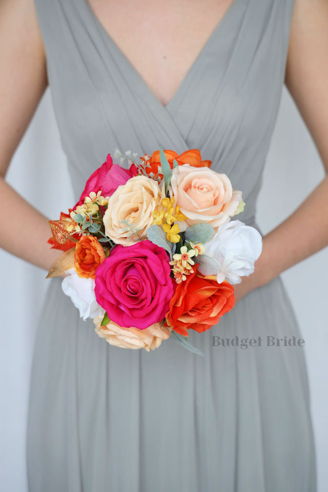 Silk Wedding Bouquet in Hot Pink and Orange  - $195.00 | Fruity