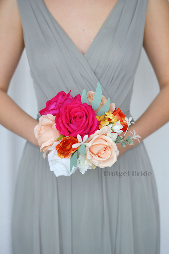 Silk Wedding Bouquet in Hot Pink and Orange  - $65.00 | Fruity