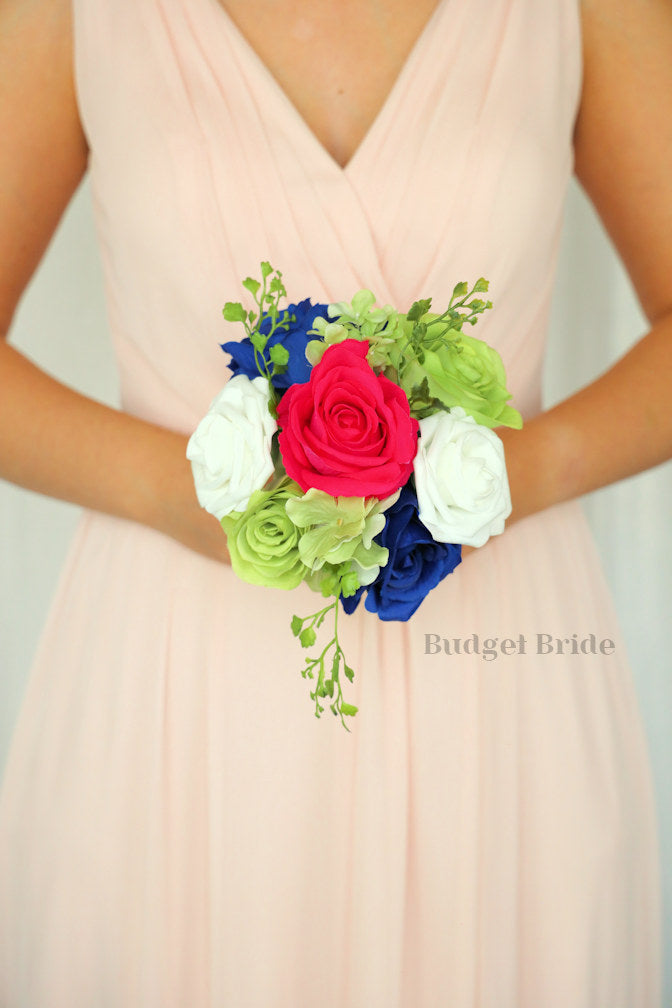 Silk Wedding Bouquet in Hot Pink and Royal - $39.50 | Edisto Collection
