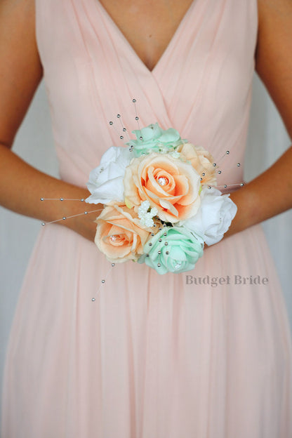 Silk Wedding Bouquet in Mint and Peach - $39.50 | Captiva Collection