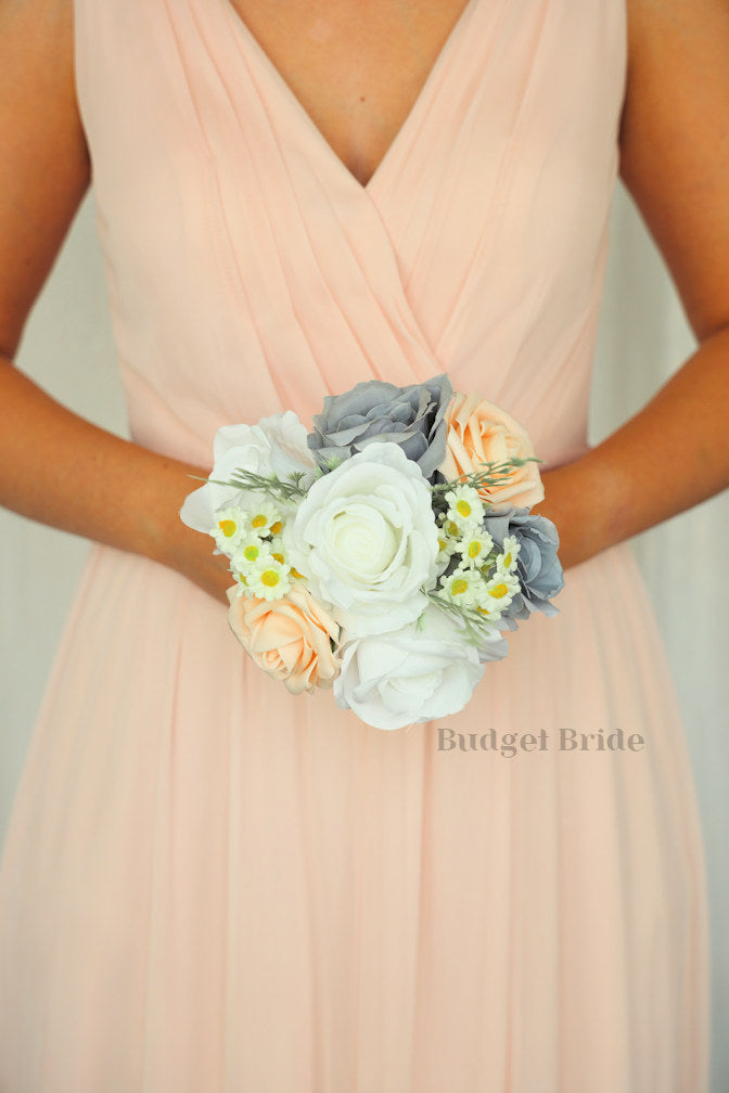 Silk Wedding Bouquet in Peach and Gray - $39.50 | Seabrook Collection