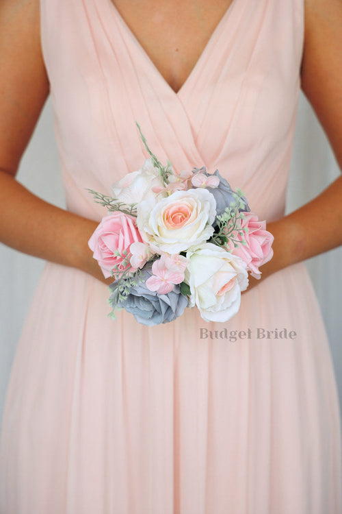 Silk Wedding Bouquet in Pink and Gray - $39.50 | Surcee's Collection