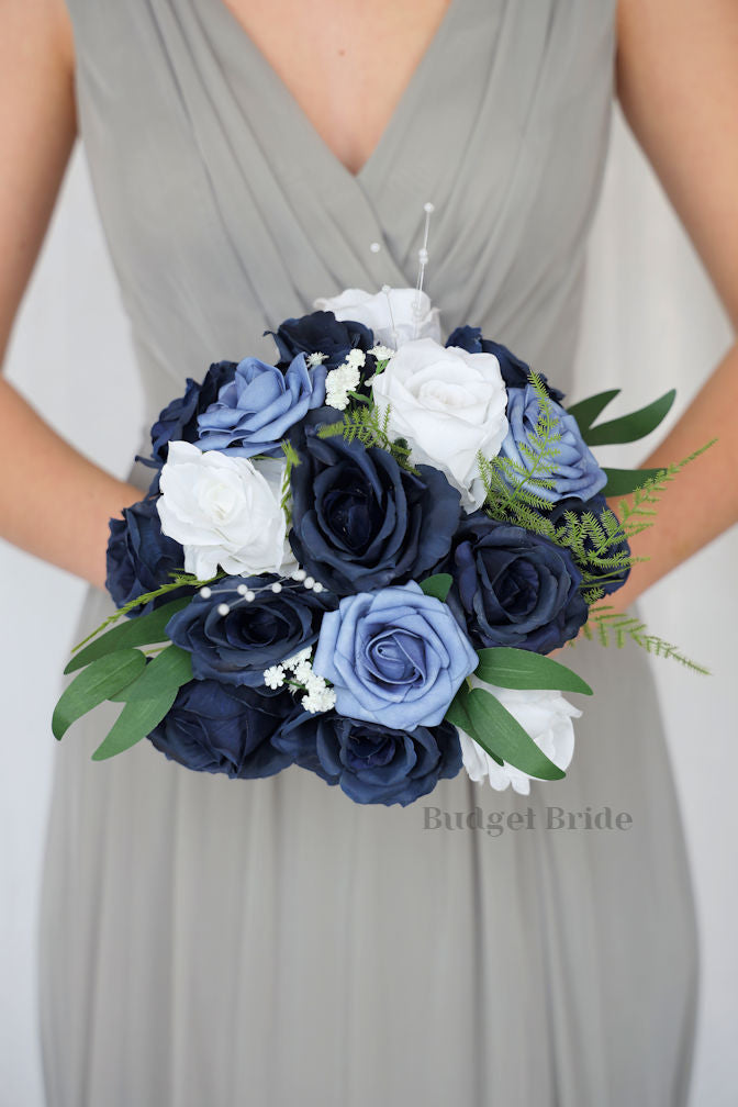 Silk Wedding Bouquet in Steel Blue and Navy  - $39.50 | Papillon