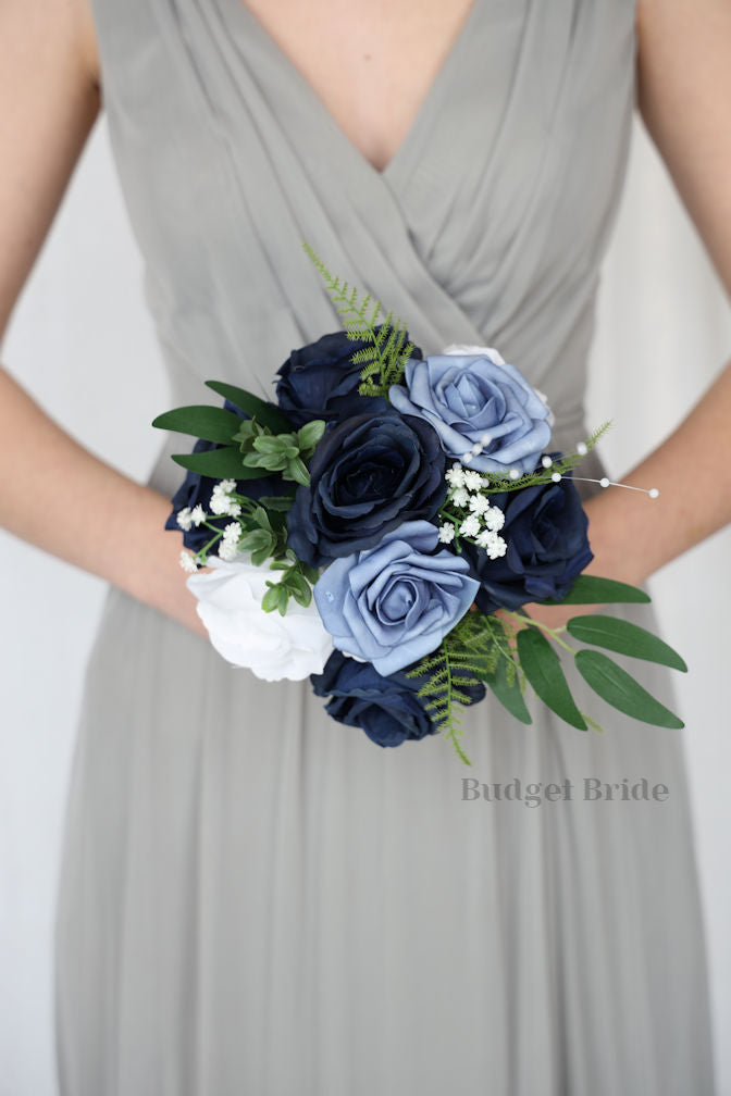 Silk Wedding Bouquet in Steel Blue and Navy  - $39.50 | Papillon