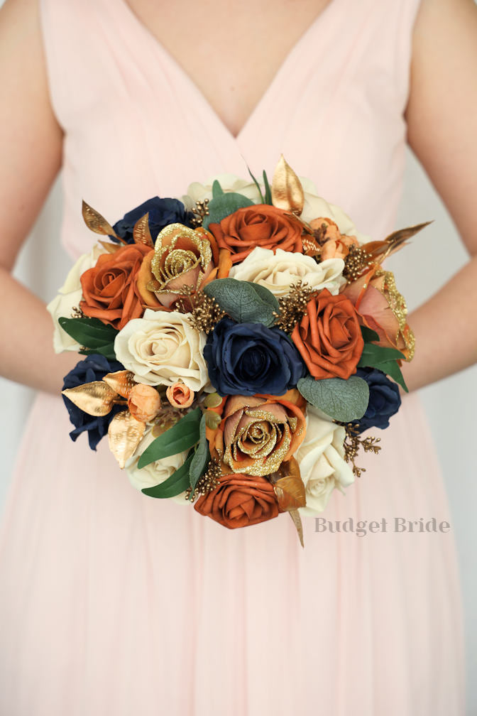 Silk Wedding Bouquet in Terracotta and Navy - $195.00 | Autumn