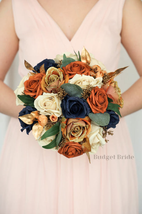 Silk Wedding Bouquet in Terracotta and Navy - $195.00 | Autumn