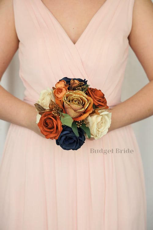 Silk Wedding Bouquet in Terracotta and Navy - $45.00 | Autumn