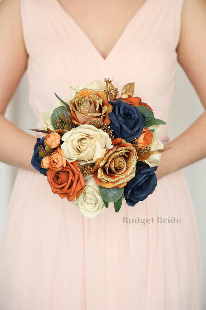Silk Wedding Bouquet in Terracotta and Navy - $65.00 | Autumn
