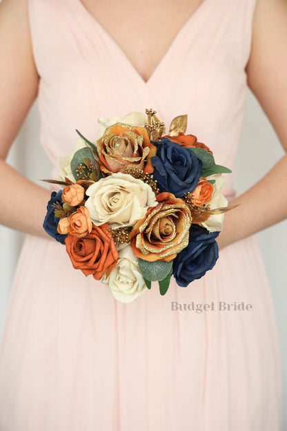Silk Wedding Bouquet in Terracotta and Navy - $65.00 | Autumn