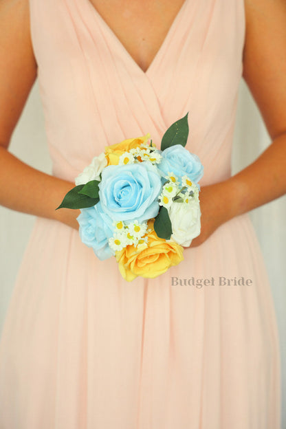 Silk Wedding Bouquet in Yellow and Sky Blue - $39.50 | Daytona Collection