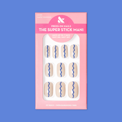 Simple Squiggle | Short | Squoval - Tab Press-On nails with neutral base and blue squiggle design in pink packaging on blue background