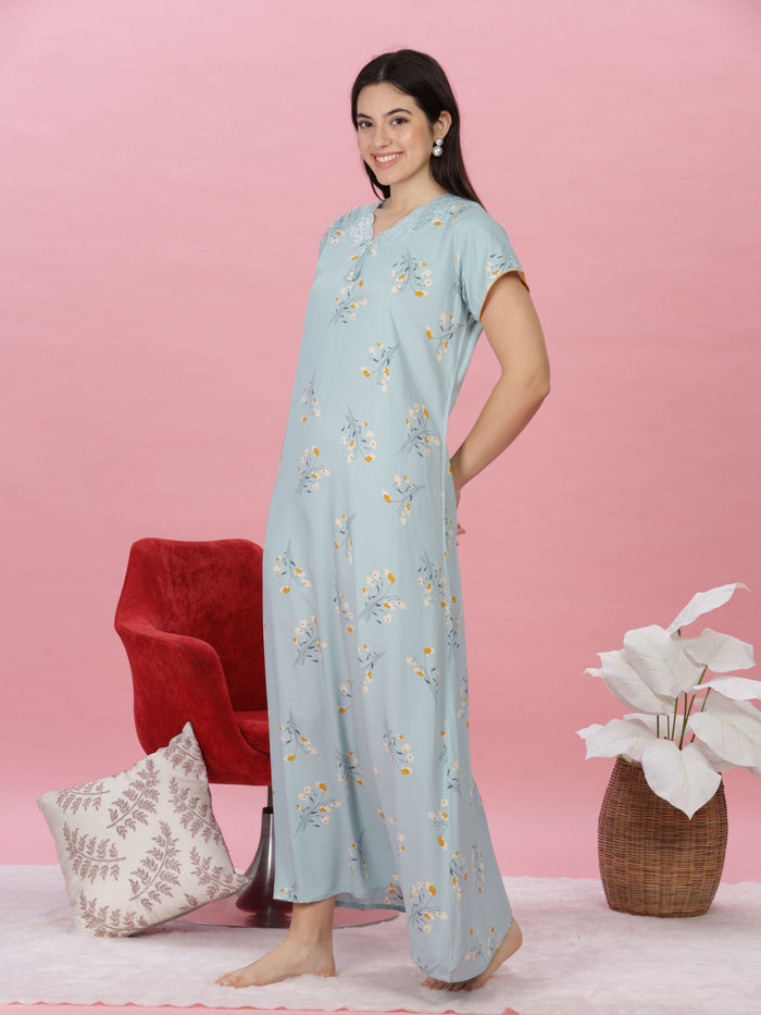 Rayon Designer Nighty  Shop Sky Blue Rayon Maxi Nightgown for Women Online in India- 9shines label