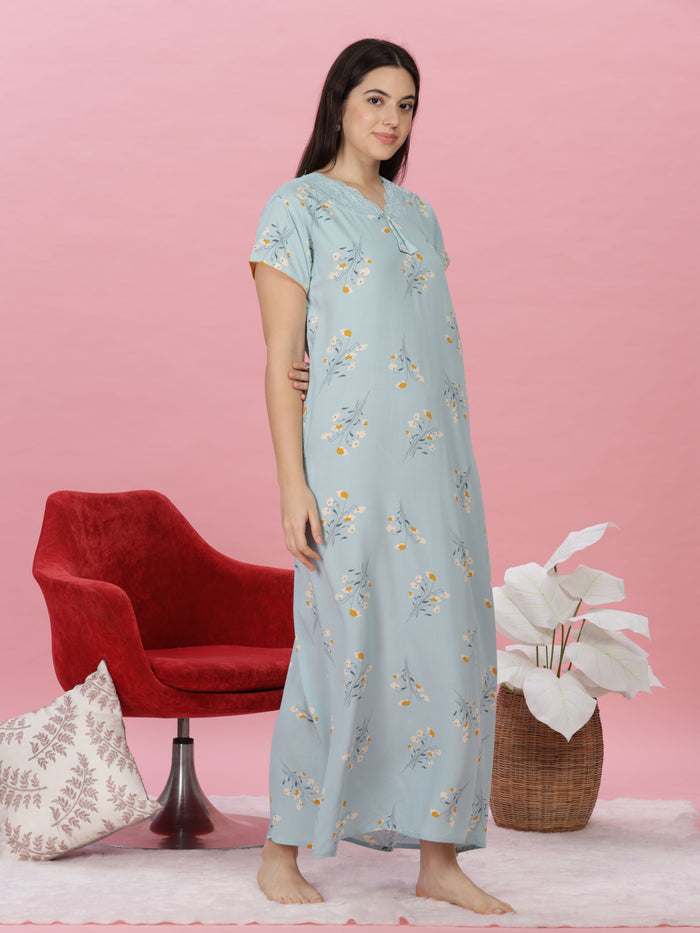 Rayon Designer Nighty  Shop Sky Blue Rayon Maxi Nightgown for Women Online in India- 9shines label