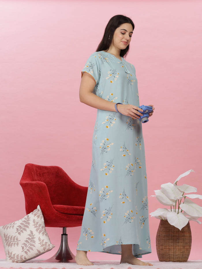 Rayon Designer Nighty  Shop Sky Blue Rayon Maxi Nightgown for Women Online in India- 9shines label