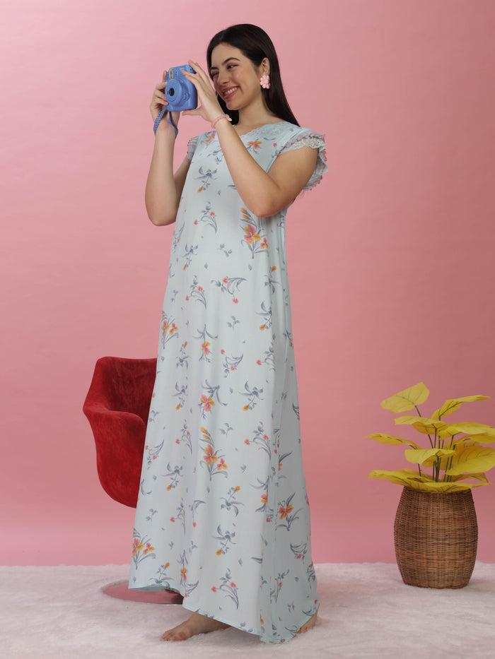 Floral Print Sky Blue Rayon Designer Nighty for Women
