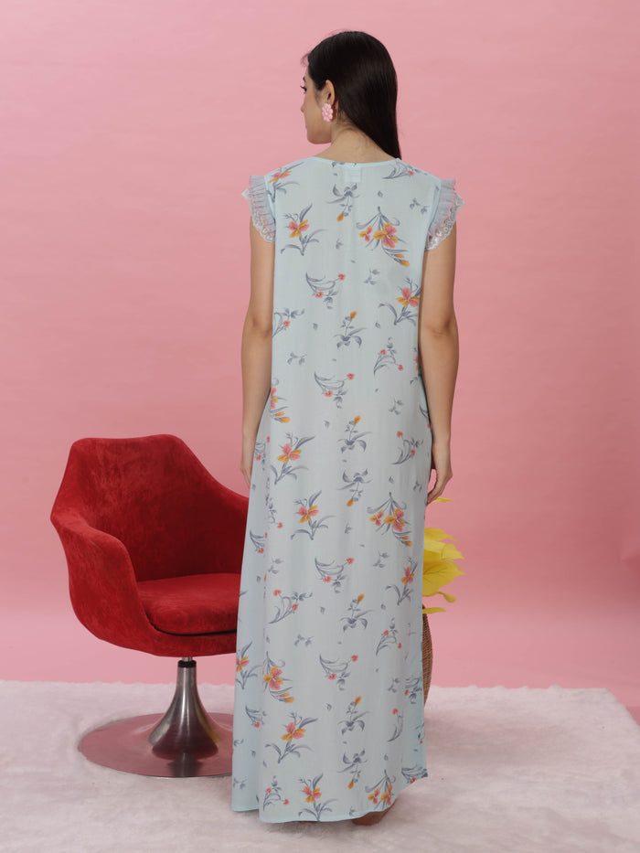 Floral Print Sky Blue Rayon Designer Nighty for Women