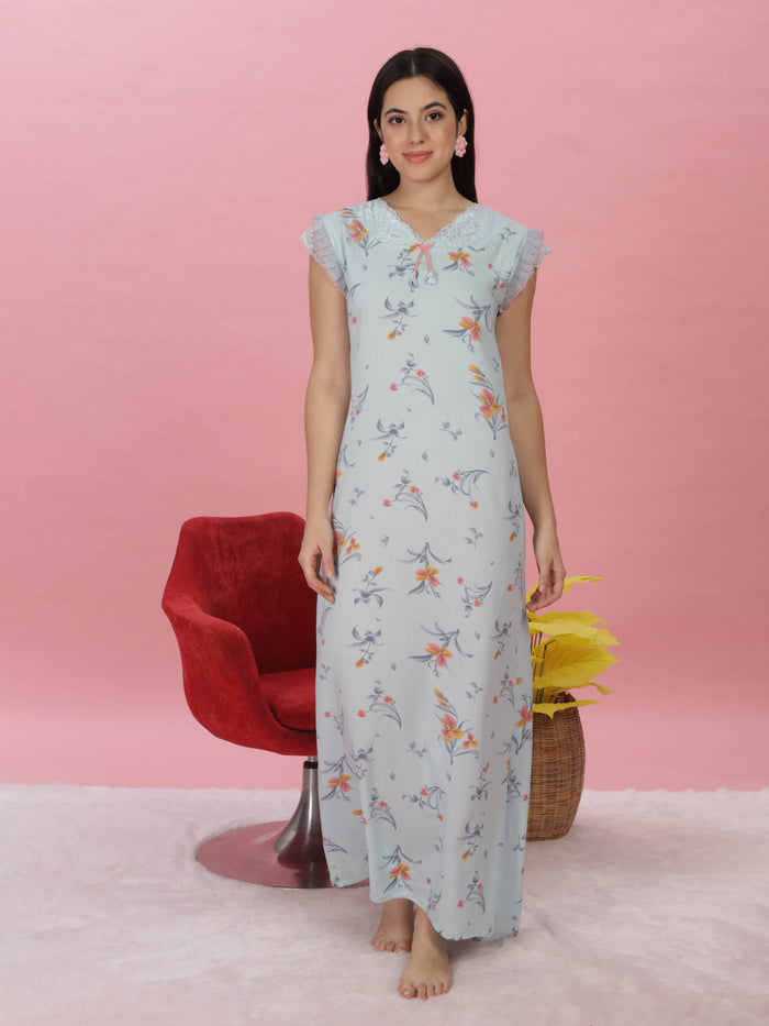 Floral Print Sky Blue Rayon Designer Nighty for Women