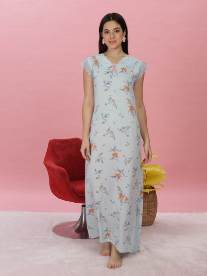 Floral Print Sky Blue Rayon Designer Nighty for Women