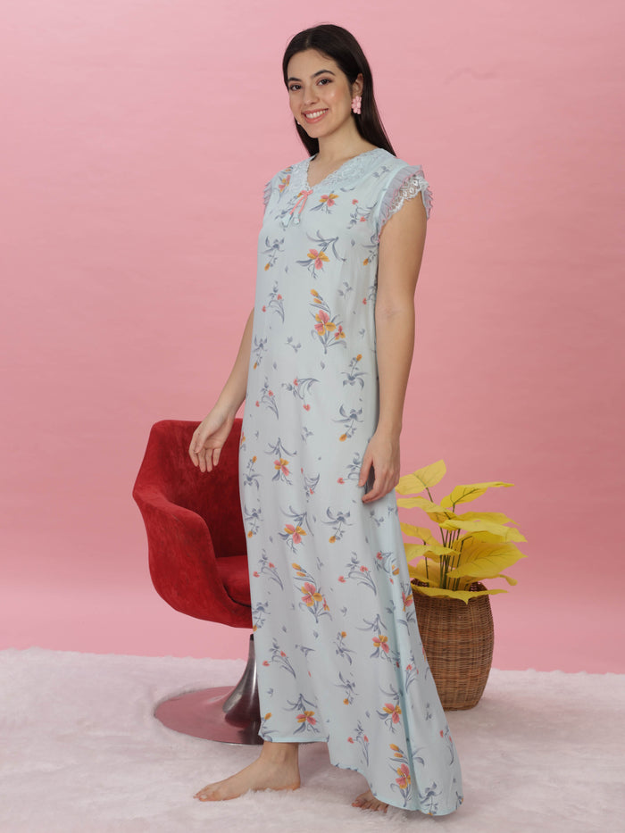 Floral Print Sky Blue Rayon Designer Nighty for Women