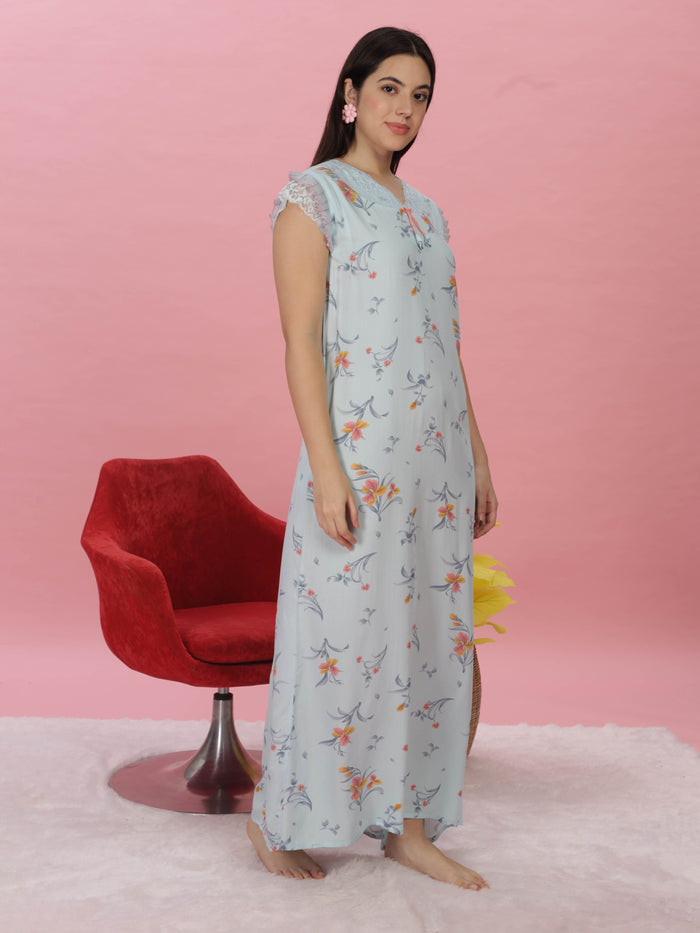 Floral Print Sky Blue Rayon Designer Nighty for Women
