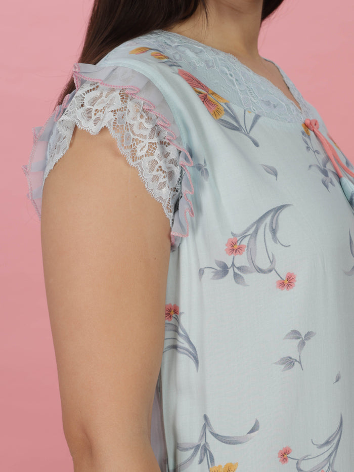 Floral Print Sky Blue Rayon Designer Nighty for Women