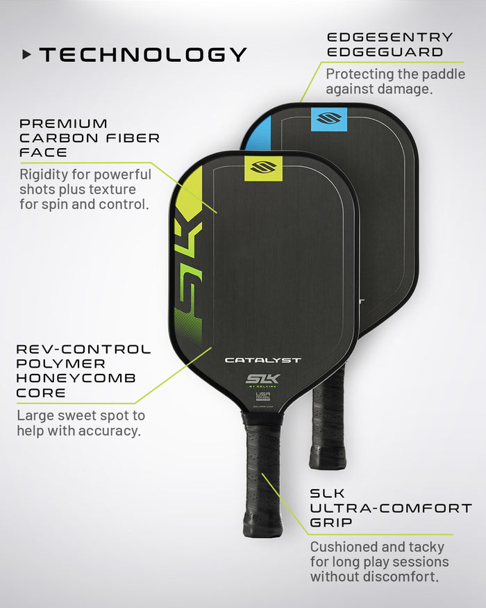 Overlapping SLK Catalyst paddles with callouts: carbon fiber face, honeycomb core, edgeguard, ultra-comfort grip.