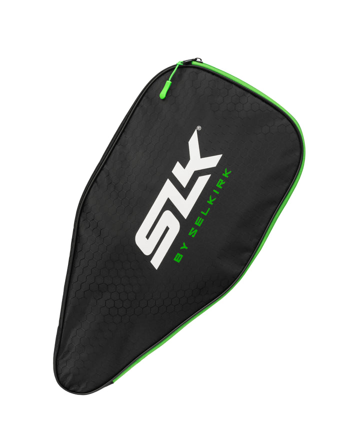 Black pickleball paddle cover with green zipper trim, SLK logo and BY SELKIRK text over hex-pattern fabric.