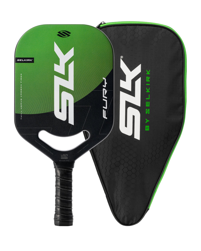 S2 FURY pickleball paddle with matching cover, green and black, branded SELKIRK BY SELKIRK
