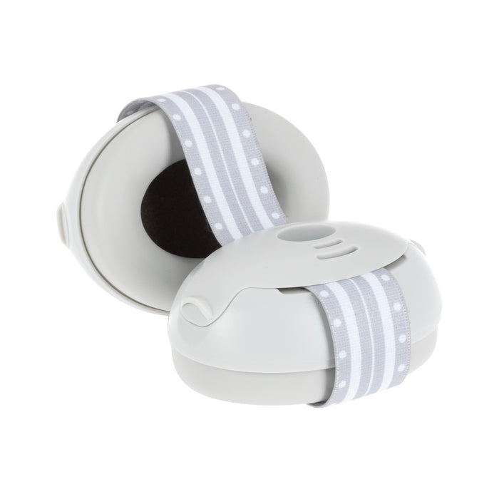 The Soft Sounds Baby Earmuffs | Grey feature hearing protection and an adjustable white and gray striped, polka-dotted headband, shown against a white background.