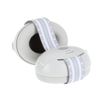 The Soft Sounds Baby Earmuffs | Grey feature hearing protection and an adjustable white and gray striped, polka-dotted headband, shown against a white background.