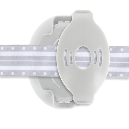 The Soft Sounds Baby Earmuffs | Grey feature a gray and white design with a round plastic clasp and a striped, dotted band like baby earmuff headbands, providing secure, adjustable protection for your child.